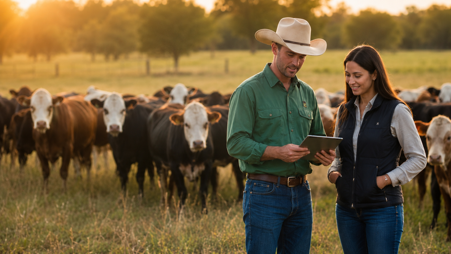 A livestock operator and owner reviewing livestock records together