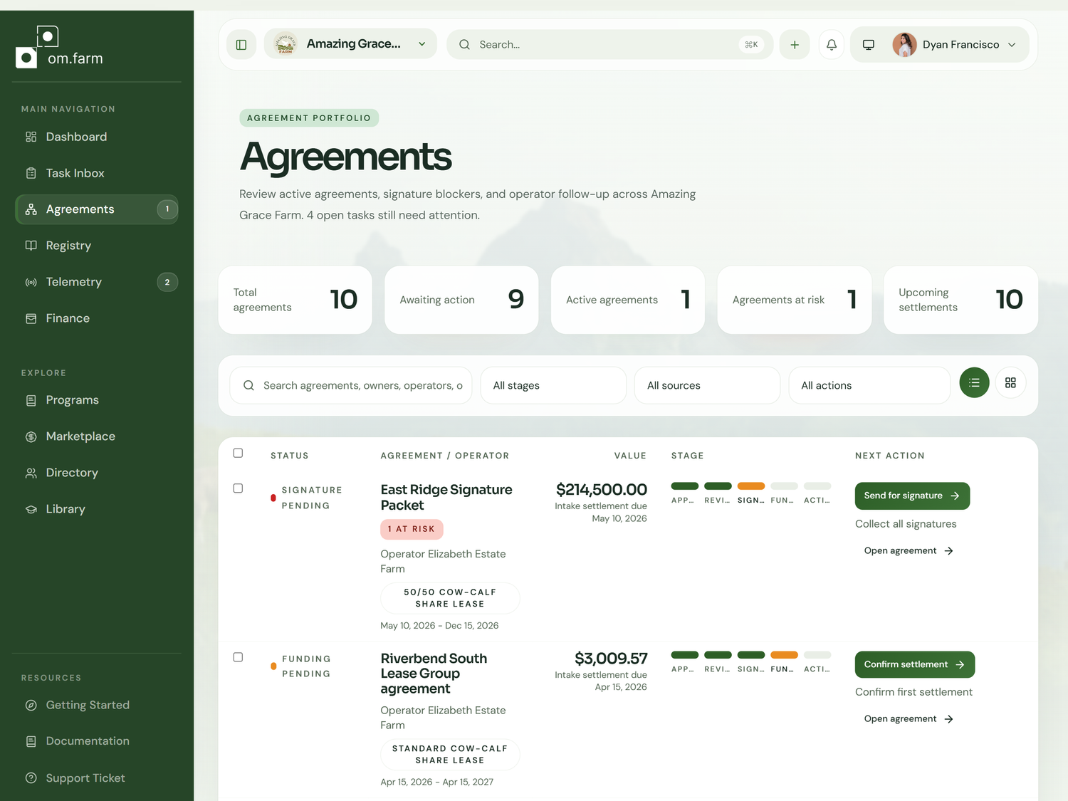 OM.Farm agreements dashboard with program and financial records